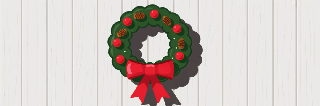 Festive Christmas wreath illustration with red bow, pine cones and berries on light wood background, holiday vector banner - Powered by Adobe