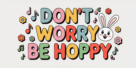 Cute pastel “Don’t Worry Be Hoppy” quote with smiling cartoon bunny, flowers and music notes, playful spring Easter typography