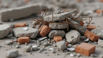 Close-up perspective of a scattered pile of mixed construction debris, featuring broken concrete, fragmented bricks, and twisted rebar, indicative of a demolition or renovation site