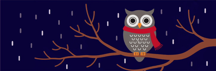 Fototapeta premium Cute winter owl illustration on tree branch at night with falling snow, cozy red scarf and dark blue seasonal background