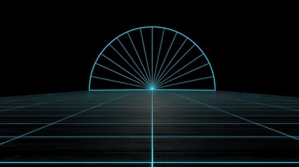 Abstract Low Angle Shot of a Cyan Radial Grid Pattern on a Dark, Textured Surface Under Atmospheric Lighting