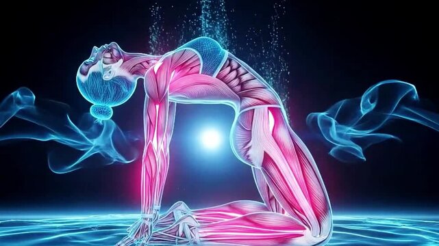 Human Muscular System Anatomy in Yoga Camel Pose Visualization