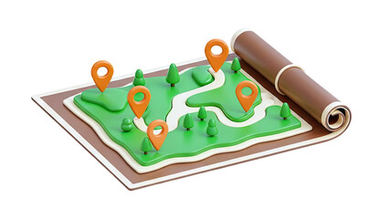 3D Isometric Map with Location Pins and Trees