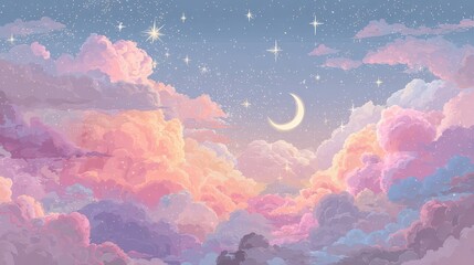 Pixel Art Sky with Pastel Clouds Crescent Moon and Scattered Stars Calm Serene Dreamy Cloudscape in Soft Pink Purple and Blue Tones Pixelated Aesthetic