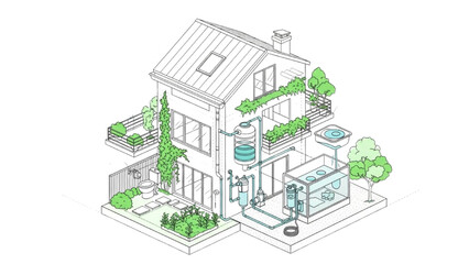 High-Quality Black Continuous Line Art of Exploded Isometric Rainwater Harvesting System Integrated into a House