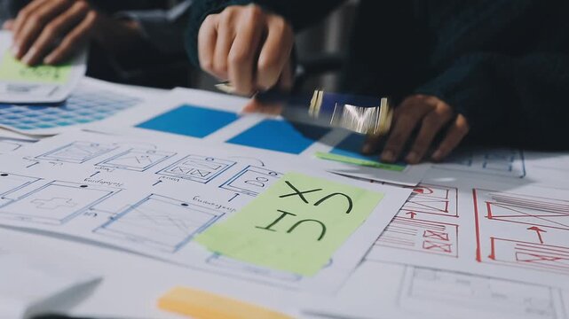 UXUI Design Collaboration. Professionals discussing digital project at modern workspace.