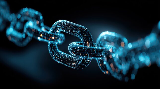 Digital Blockchain Link in Dark Blue with Luminous Particles on Black Background Macro - Powered by Adobe