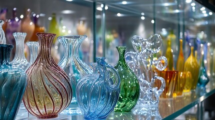 Clear blue and transparent wine glasses rest on the table and shelf near an isolated glass flask and a water jug