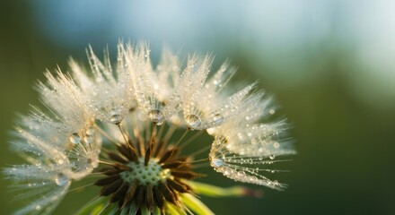 Close-up of a dandelion seed head covered in water droplets, soft focus background