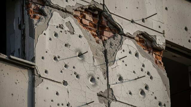 Close-up of a heavily damaged building wall showing bullet holes and exposed bricks, a testament to conflict and destruction