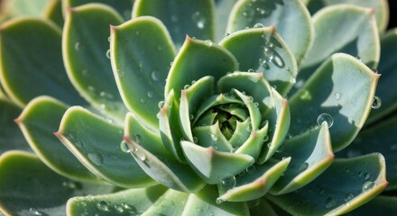 Close-up of a green succulent with water droplets glistening on its textured leaves