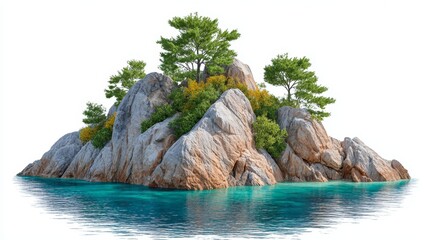 Small Rocky Island with Green Trees Surrounded by Turquoise Sea Isolated on White Background