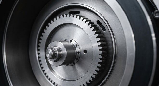 Close-up of a precision gear mechanism with concentric metal components, grey scale