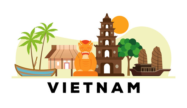 travel to vietnam culture elements landmarks food round infographic banner map flag of country ho chi minh mausoleum pho noodle soup saigon cathedral cartoon illustration