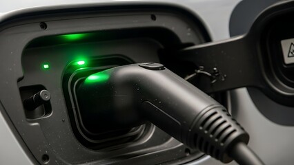 Electric vehicle charging connector plugged into a car's charging port, illuminating with a green light indicating power flow and a full charge