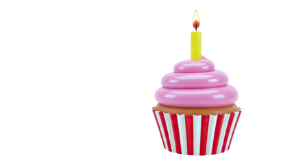 Birthday Cupcake with Pink Frosting and Burning Candle