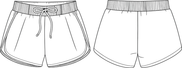 Fashion technical sketch of women's athletic shorts featuring a wide ribbed drawstring waistband, dolphin hem, side panels, and relaxed fit. © MSTAYESHASIDDIKA