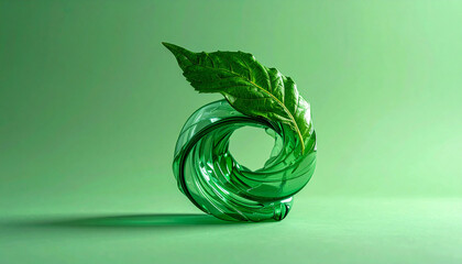 Green glass loop with leaf representing plastic recycling and circular economy for sustainability