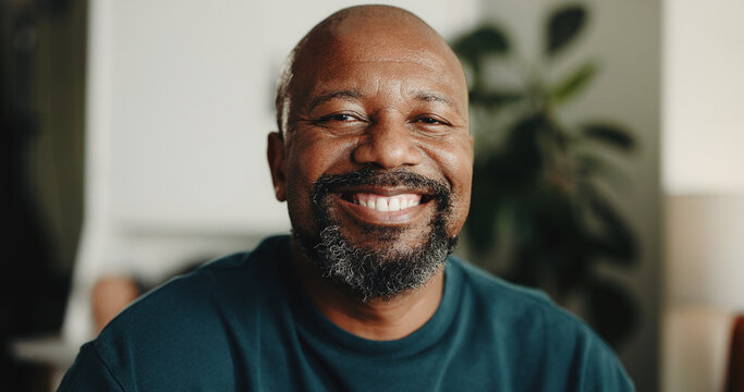 Smile, chill and portrait of black man in home for peace, confidence and retirement. Happiness, pride and weekend break with mature person in living room of apartment for calm, relax and resting - Powered by Adobe
