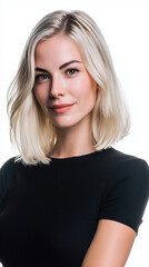 Naklejka premium blonde woman studio portrait, confident female on white background, modern beauty headshot 