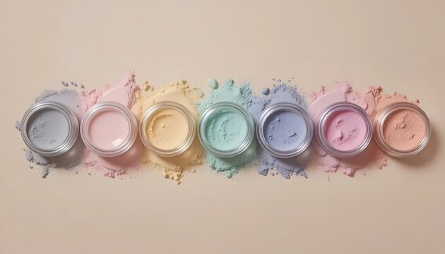 A vibrant array of pastel makeup powders in clear jars creating a beautiful color spectrum. dip powder nails