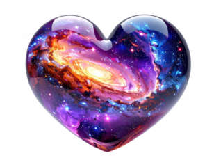 3D crystalline heart with a galaxy pattern inside,white background