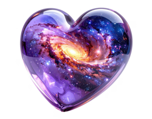 3D crystalline heart with a galaxy pattern inside,white background