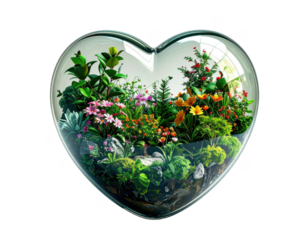 3D heart-shaped glass jar with a miniature botanical garden inside,white background.