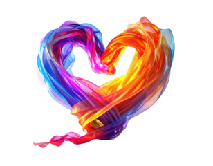 3D render of a heart made of floating colorful light ribbons,white background.