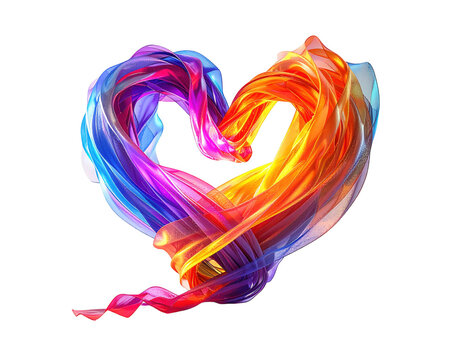 3D render of a heart made of floating colorful light ribbons,white background. - Powered by Adobe
