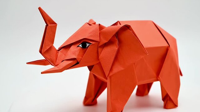 Origami Art: Close-up of an Orange Paper Elephant on a White Background