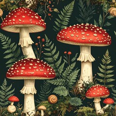 Amanita Muscaria Mushroom Seamless Pattern, Red and White Toadstool Background Illustration