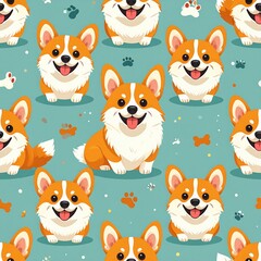 Cute Corgi Dog Seamless Pattern, Happy Smiling Puppy Background Illustration