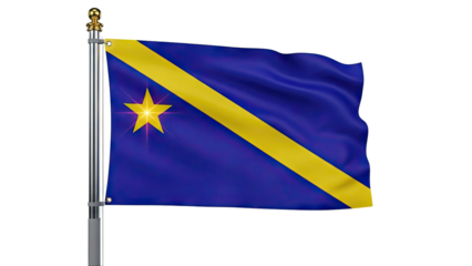 Blue flag with yellow diagonal stripe and a golden star on a flagpole
