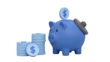 Blue Piggy Bank with Stacked Coins and Dollar Sign