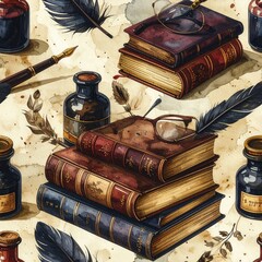 Vintage Books and Ink Bottles Seamless Pattern, Antique Library Background Illustration