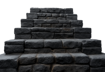 Stacked dark gray rough hewn stone blocks forming tiered steps isolated on a transparent background stone steps