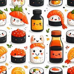 Cute Sushi Seamless Pattern: Kawaii Japanese Food Illustration on White Background