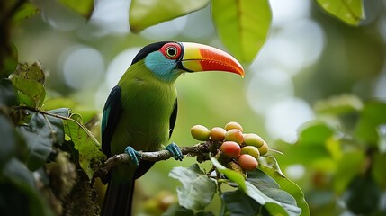 A vibrant green winged macaw and an exotic toucan with a colorful beak perching on a tropical rainforest tree branch amidst the wild jungle nature