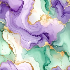Elegant Abstract Alcohol Ink Art: Purple, Green and Gold Marble Texture Background