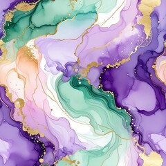 Vibrant Abstract Alcohol Ink Art: Purple, Green, Pink and Gold Marble Texture Background