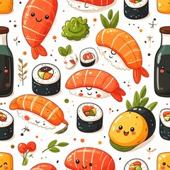 Charming Sushi Seamless Pattern: Kawaii Japanese Food with Smiling Faces Illustration