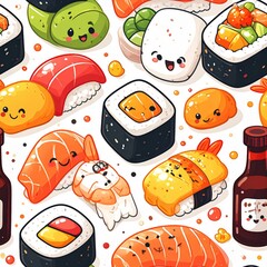 Whimsical Sushi Seamless Pattern: Kawaii Japanese Food with Smiling Faces Illustration