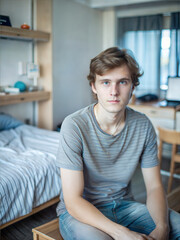 young man sitting in a student dormitory room with a thoughtful expression