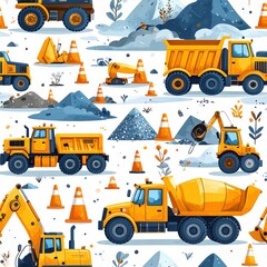 Construction Vehicles Seamless Pattern: Yellow Heavy Equipment Illustration on White