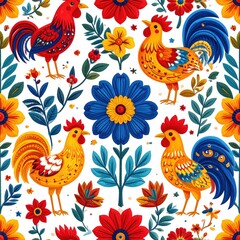 Bright Floral Rooster Pattern: Colorful Folk Art Design with Flowers and Birds