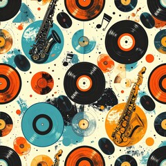 Retro Music Pattern: Saxophones, Vinyl Records, and Musical Notes Background