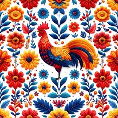 Vibrant Rooster Floral Pattern: Colorful Folk Art Design with Flowers and Bird