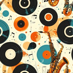 Vintage Music Pattern: Saxophones, Vinyl Records, and Musical Notes Background