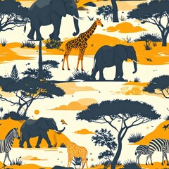 African Safari Pattern: Seamless Background with Elephants, Giraffes, and Zebras
